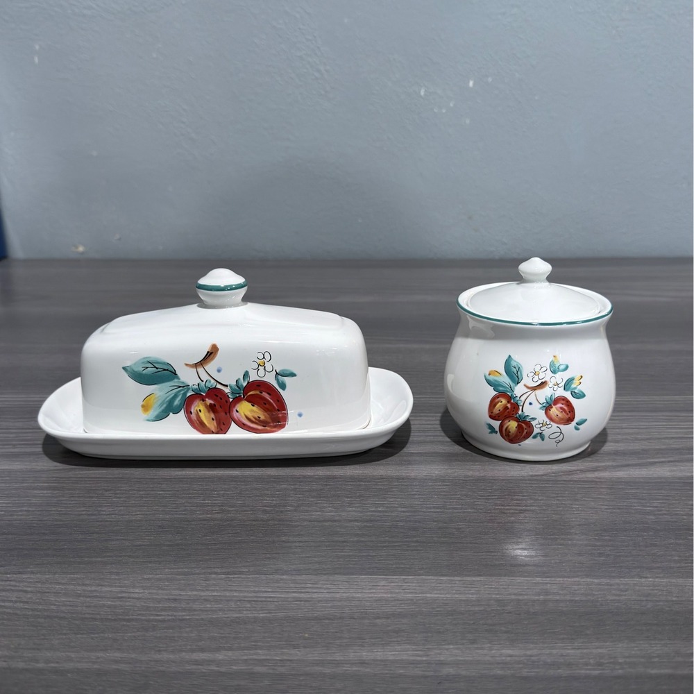 Vintage Strawberry Ceramic Butter Dish and Sugar Bowl Set White Teal‎ Green Trim